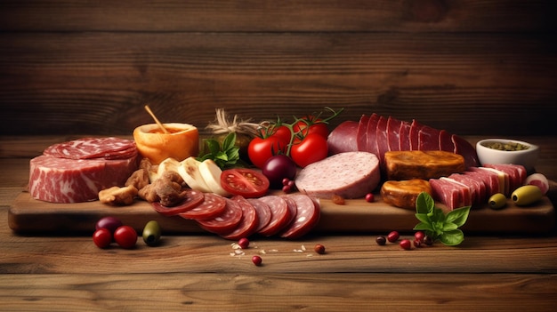 Eine Platte mit Fleisch und Gemüse, einschließlich Fleisch und Oliven, generativer ai