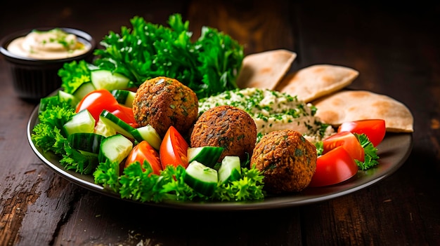 eine Platte mit gebratenen Falafelkugeln und Petersilieblättern und Gemüse auf einem dunklen Hintergrund