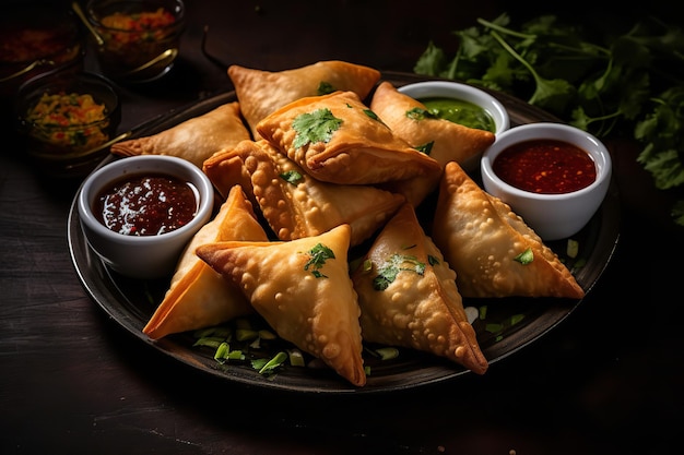 Eine Platte mit Gemüse-Samosas und Chutney zum Dippen