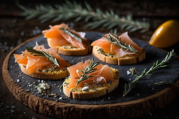 Eine Platte mit geräuchertem Lachs und Käse