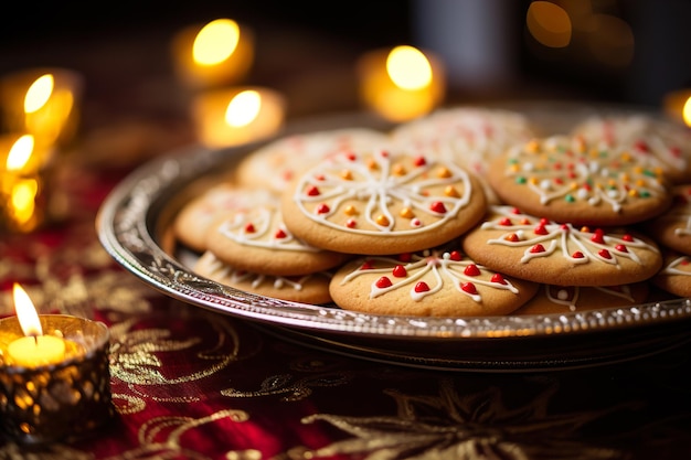 Eine Platte mit weihnachtlichen Zuckerkeksen, aufwendig dekoriert mit festlichen Motiven