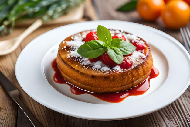 eine Platte Pfannkuchen mit Erdbeeren und eine Platte Obst auf dem Tisch