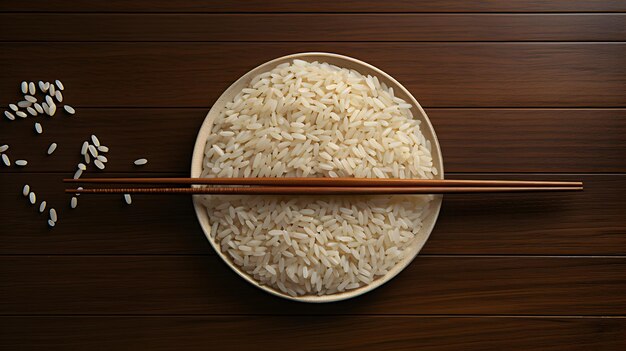 Eine Platte Reis auf einem Holztisch mit Stäbchen, japanische Küche