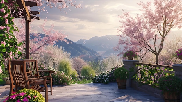 Eine Plattform mit Blick auf die Berge unter einem Baum mit Kirschblüten Blumenduft Garten schöne Frühlingspflanze Blütenblätter Vegetation erzeugt von KI