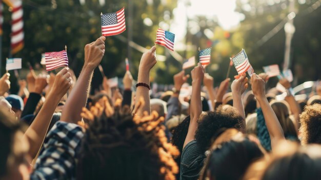 Foto eine politische kundgebung oder demonstration mit teilnehmern, die kleine amerikanische fahnen schwenken, um auszudrücken,