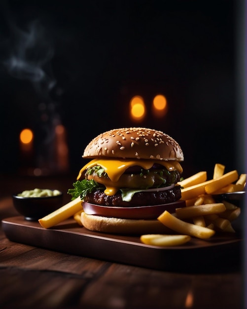 eine Pommes Frites und eine köstliche Veg-Burger-Kombination auf einem Teller auf einem großen, dicken Holzteil mit rauchigem Hintergrund