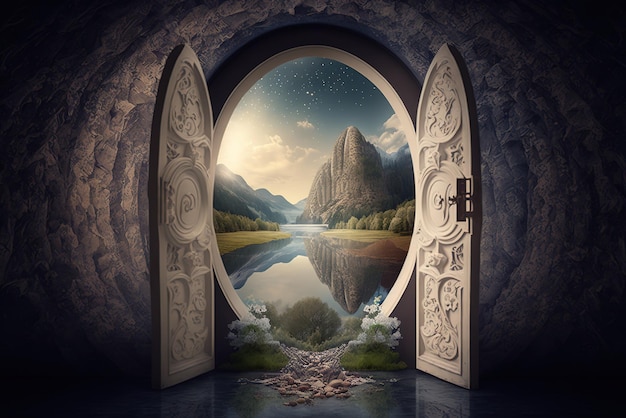 Eine Portaltür, die sich zu einer Fantasie-Traumwelt öffnet