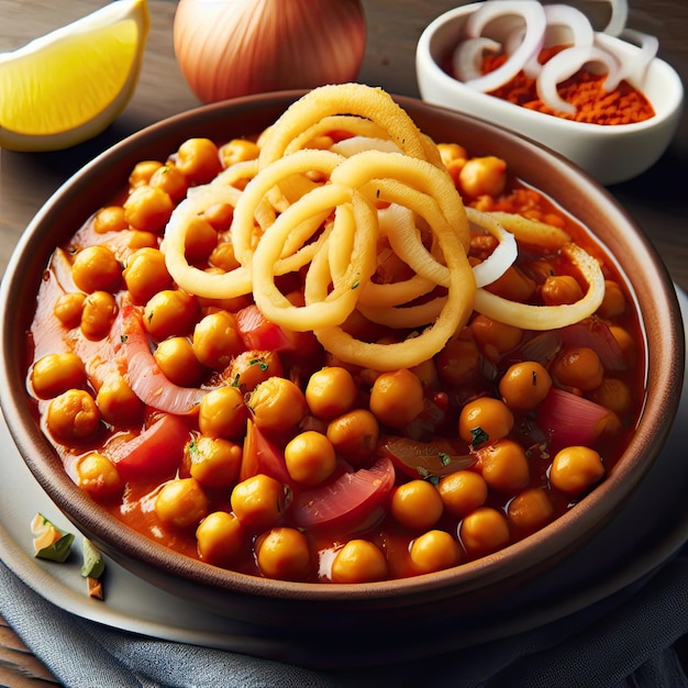 Eine Portion Chana Masala, garniert mit Zwiebelringen und Zitronenscheiben