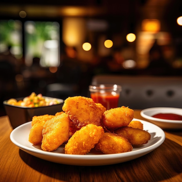 Eine Portion Chicken Nuggets verschwimmt im Restaurant im Hintergrund