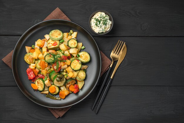 Eine Portion Gemüseeintopf und Sauerrahmsauce auf schwarzem Hintergrund mit Platz zum Kopieren. Gesundes, vegetarisches Essen.