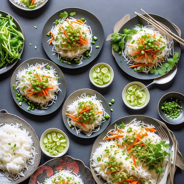Eine Portion Som Tam neben einem Haufen klebrigem Reis