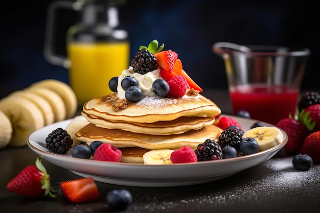 Eine Portion vegane Proteinpfannkuchen mit frischem Obst