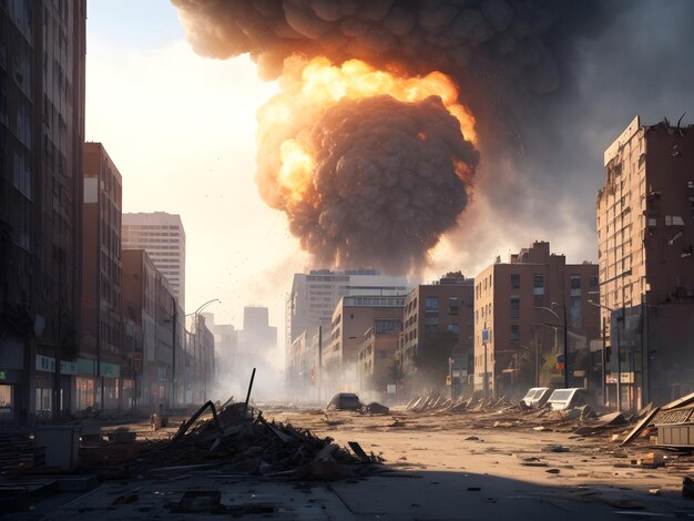 Eine post-apokalyptische zerstörte Stadt zerstörte Gebäude verbrannte Fahrzeuge und zerstörte Straßen