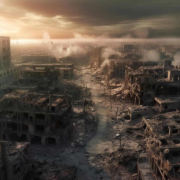Eine postapokalyptische Ruinenstadt. Zerstörte Gebäude, ausgebrannte Fahrzeuge und zerstörte Straßen 3D