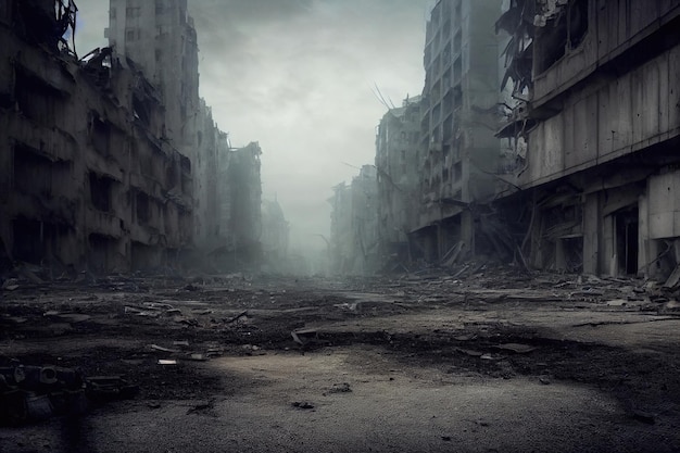 Eine postapokalyptische Ruinenstadt. Zerstörte Gebäude, ausgebrannte Fahrzeuge und zerstörte Straßen.