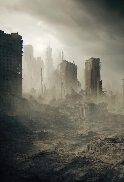 Foto eine postapokalyptische ruinenstadt zerstörte gebäude, zerstörte straßen, gesprengte wolkenkratzer