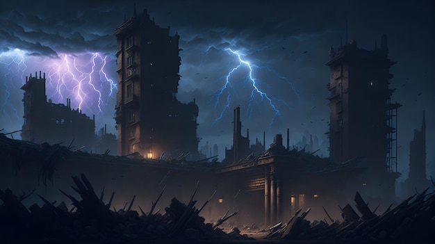 Eine postapokalyptische Stadtlandschaft mit einem dunklen Himmel voller Blitze