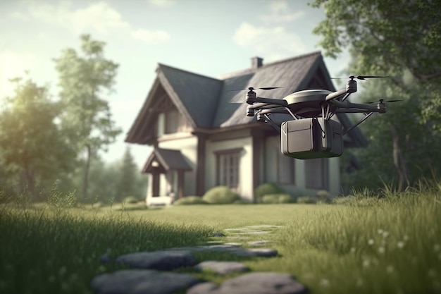 Eine Postdrohne fliegt am grasenden sonnigen Tag zum Haus. Generative KI