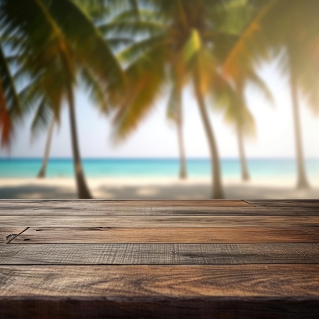 Eine Produktpräsentation mit einem leeren Holztisch an einem verschwommenen tropischen Strand. Generative KI