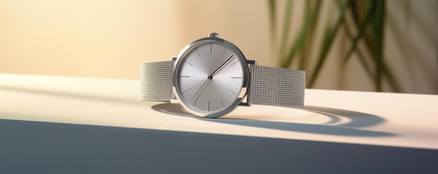 Eine Produktpräsentationsszene mit einem minimalistischen hellen Hintergrund, der einen metallischen Wrisch zeigt