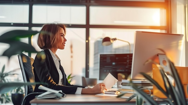 Eine professionelle Frau arbeitet an ihrem Schreibtisch in einem modernen Büro bei Sonnenuntergang, umgeben von Pflanzen