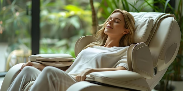 Foto eine professionelle frau schläft fröhlich zu hause in einem massagestuhl konzept home office entspannung professionelle frau wellness worklife balance