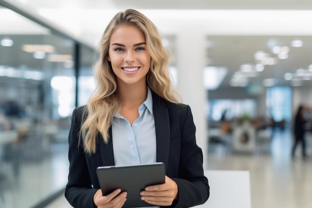 Eine professionelle Frau steht in einem stilvollen Büroholindg