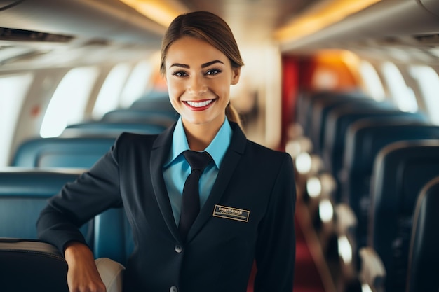 Eine professionelle Stewardess mit einem freundlichen Lächeln. Generativ von Ai