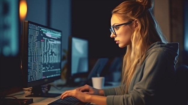 Eine Programmiererin schreibt im Büro an einer IT-Idee namens Generative AI, während sie vor einem Computerbildschirm sitzt