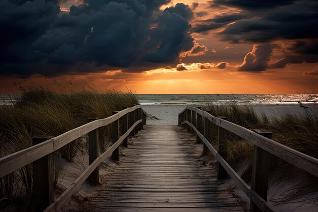 Eine Promenade, die zum Sonnenuntergang zum Strand führt