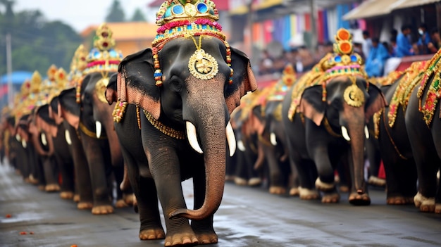 Eine Prozession anmutig geschmückter Elefanten, geschmückt mit farbenfrohen Ornamenten, die das Wesentliche einfangen