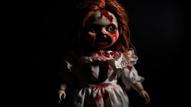 Eine Puppe im Dunkeln mit Blut im Gesicht