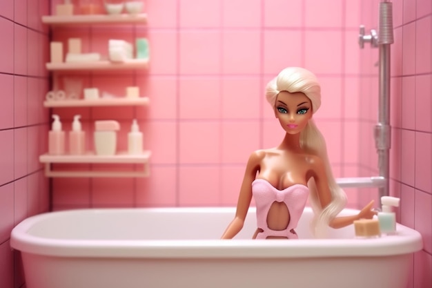 Foto eine puppe in einer badewanne mit einer flasche shampoo und einer flasche shampoo.
