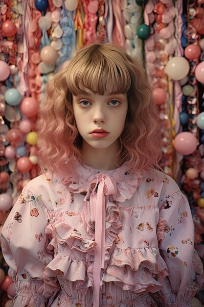 eine Puppe mit blonden Haaren und rosa Haaren steht vor einer Anzeige von Ballons
