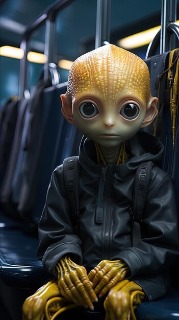 eine Puppe mit einem gelben Kopf und einer schwarzen Jacke.