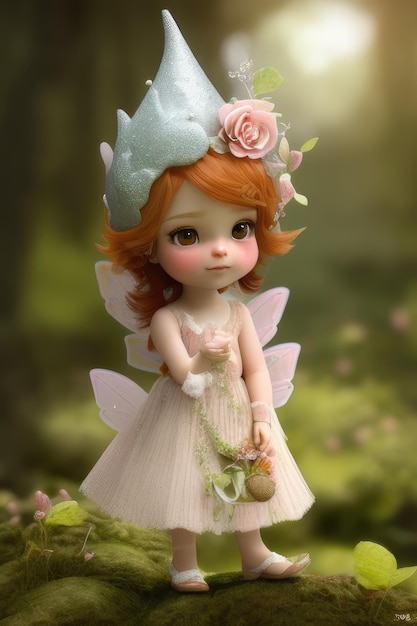 Eine Puppe mit einer Blume auf dem Kopf und einer Blume auf dem Kopf.
