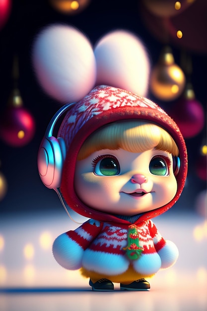 Eine Puppe mit einer roten Mütze und einem roten Pullover mit dem Wort „Weihnachten“ darauf.