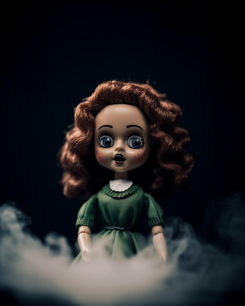 Eine Puppe mit grünem Kleid und blauen Augen steht in einem dunklen Raum, aus dem Rauch aufsteigt.