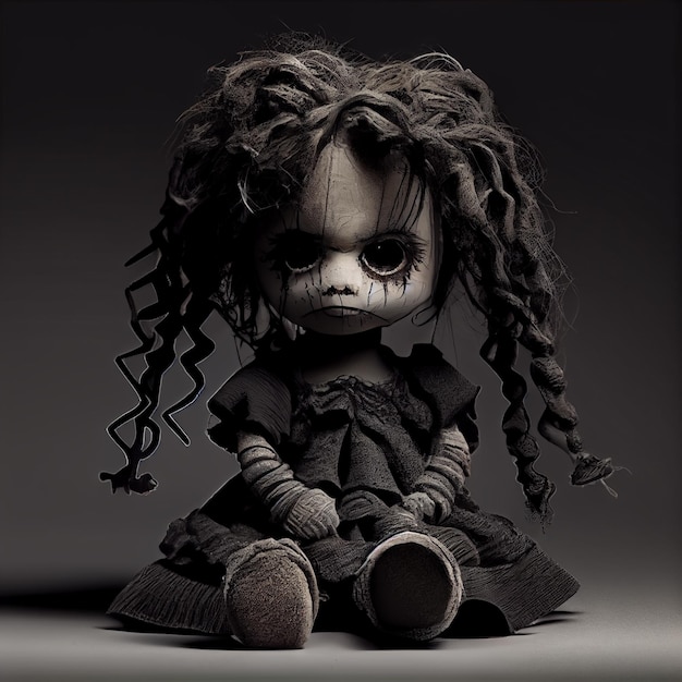 Eine Puppe mit lockigem Haar und einem Kleid mit der Aufschrift „Puppen“.