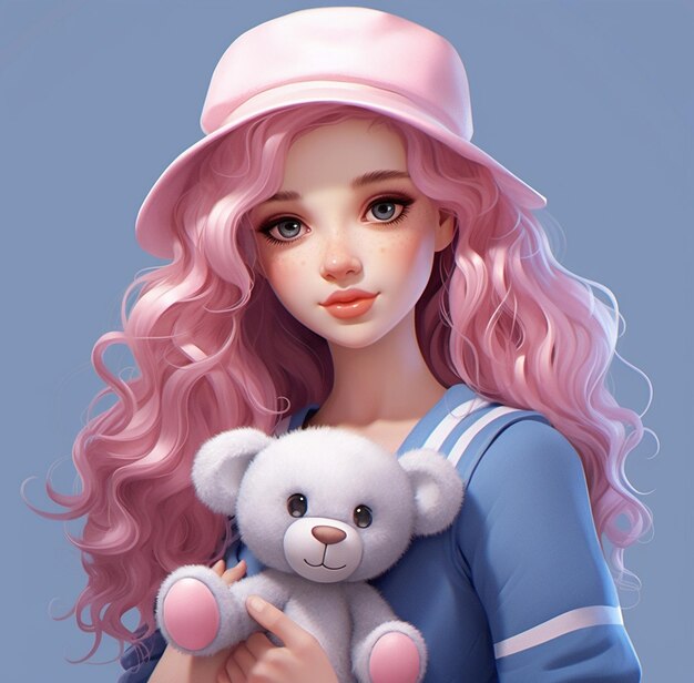 eine Puppe mit rosa Haaren und einem Hut, der einen Teddybär hält.