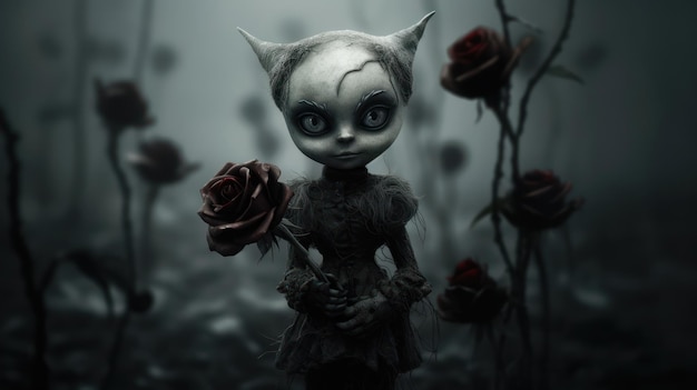 Eine Puppe mit roten Rosen im Hintergrund