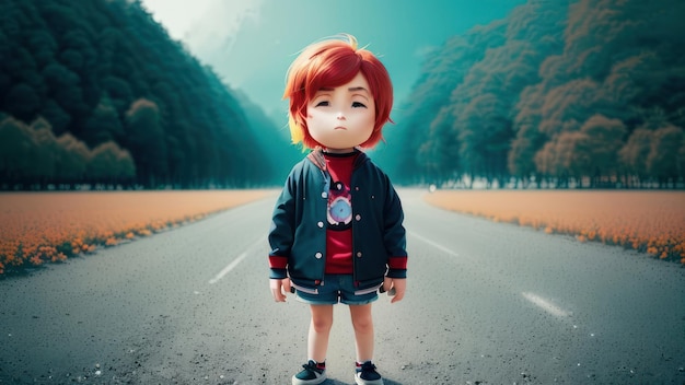 Eine Puppe steht auf der Straße vor einem Wald.