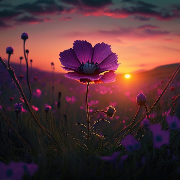 Eine purpurrote Blume ist in einem Feld mit einem Sonnenuntergang hinter generativem ai