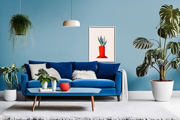 Eine purpurrote Couch und ein Couchtisch, Topfpflanzen, blaue Themenwand, minimalistisches Zimmer