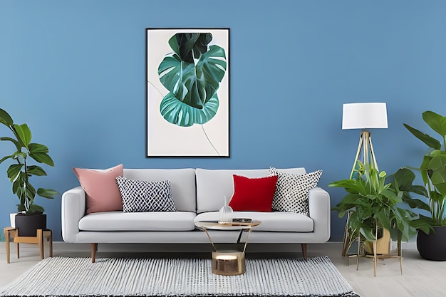 Eine purpurrote Couch und ein Couchtisch, Topfpflanzen, blaue Themenwand, minimalistisches Zimmer