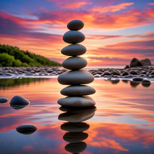 eine Pyramide aus Felsen sitzt im Wasser mit einem Sonnenuntergang im Hintergrund