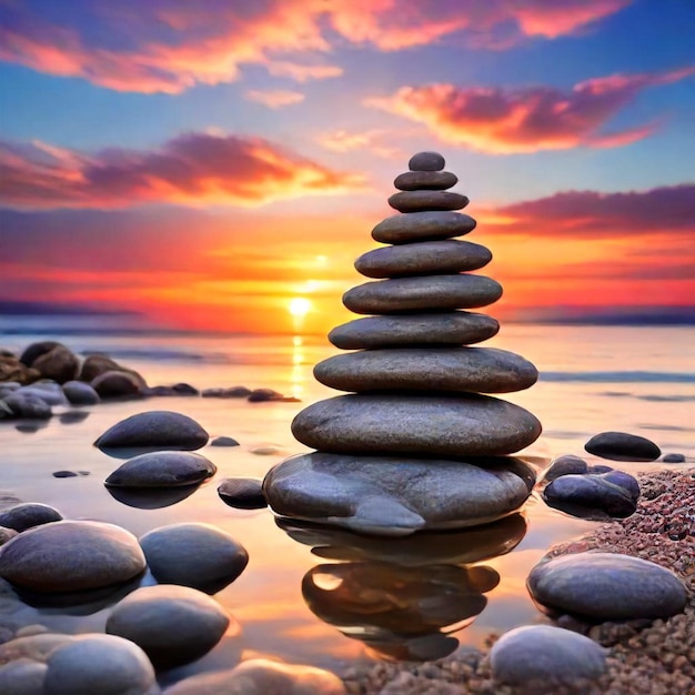eine Pyramide aus Steinen sitzt auf einem Strand, hinter der die Sonne untergeht