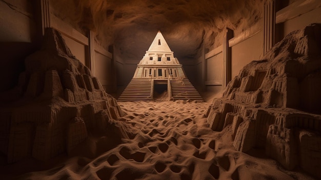 Eine Pyramide in einer Höhle mit Sand und Sand
