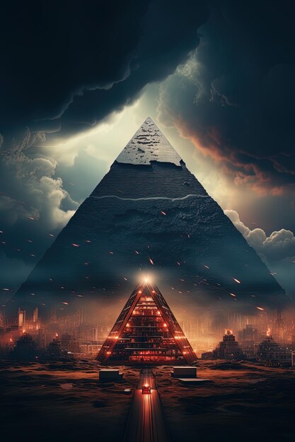 Foto eine pyramide mit einer pyramide im hintergrund