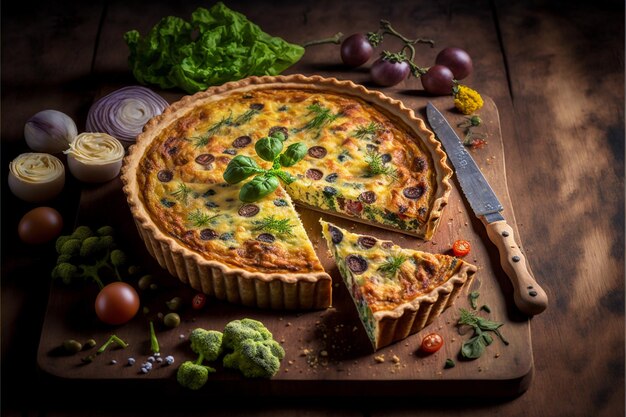 Eine Quiche mit einer auf einem Schneidebrett ausgeschnittenen Scheibe